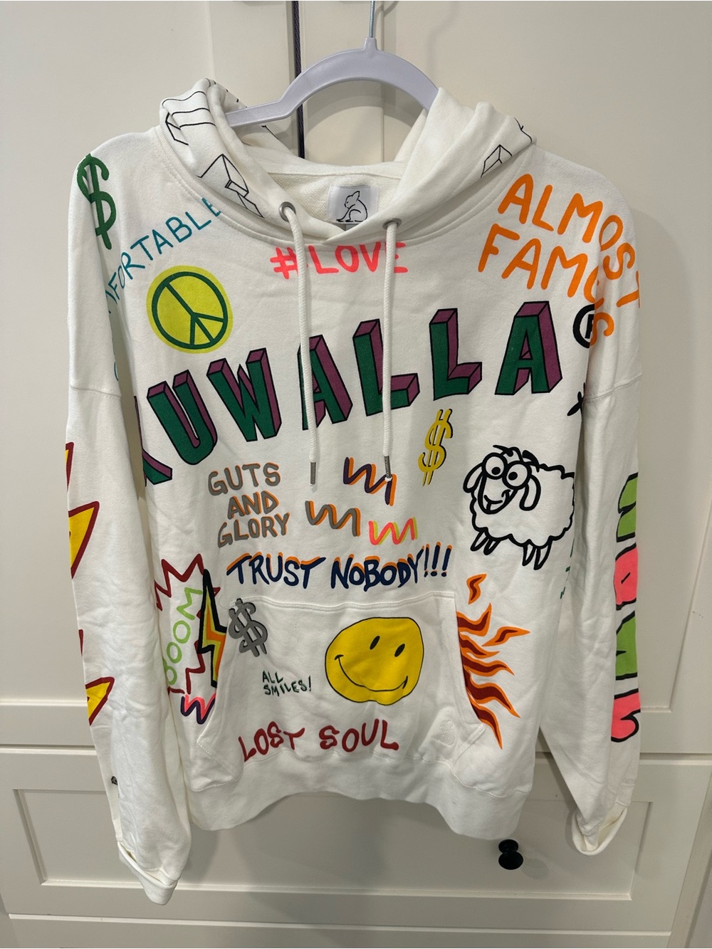 Graphic White Hoodie with Multicolor Prints - Unbranded